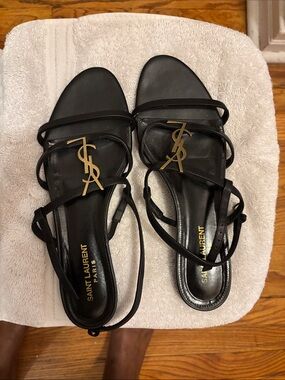 Saint Laurent Black Leather Strappy Sandals with Gold YSL Accent